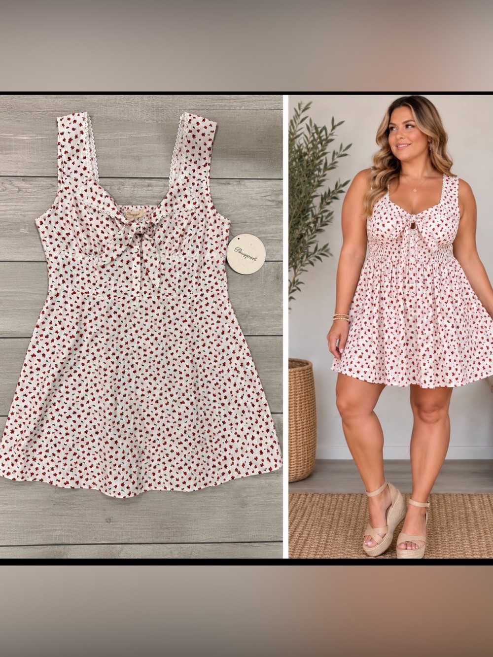 Passport NWT Ivory and Red Floral High Waist Mini Dress with Tie